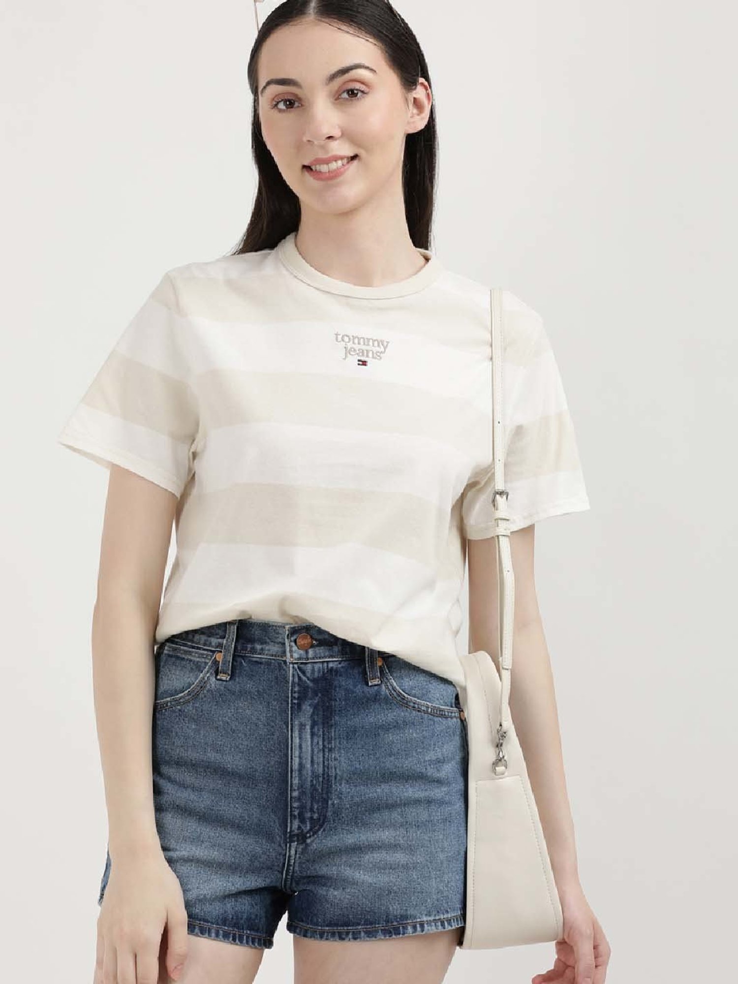 TOMMY HILFIGER Beige & White Cotton Color-Block T-Shirt
