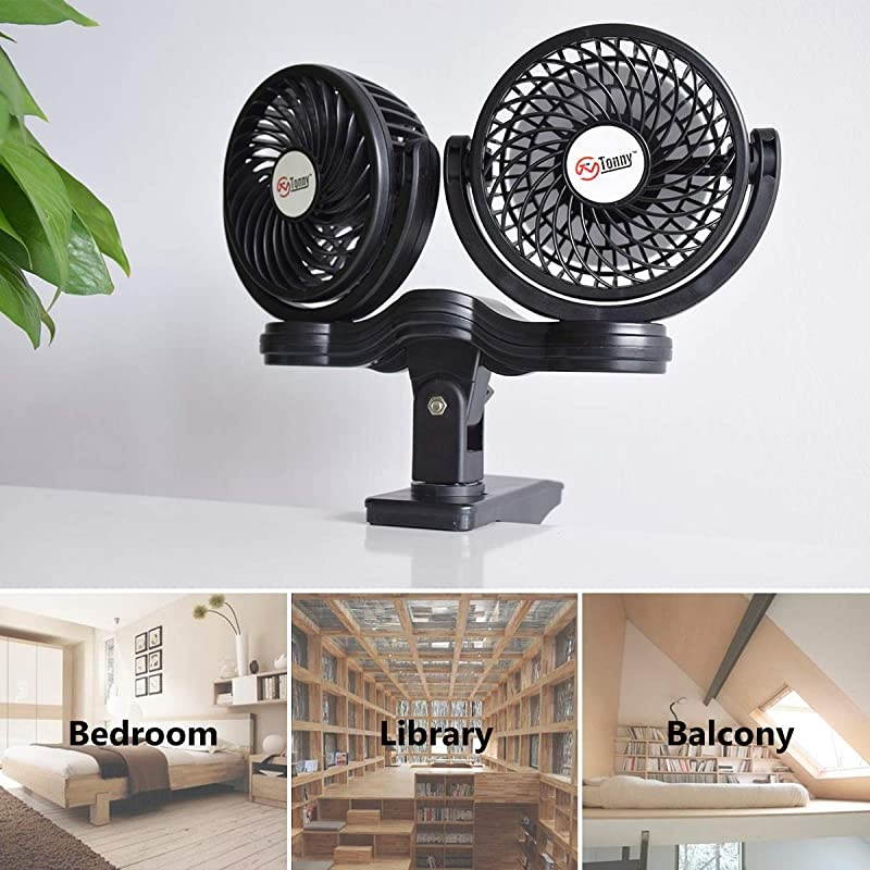 Dual Head Clip Fan 4 Inches Electric Car Clip Fans 360 Rotatable12V Cooling Air Fan with Stepless Speed Regulation for Vehicle or Home