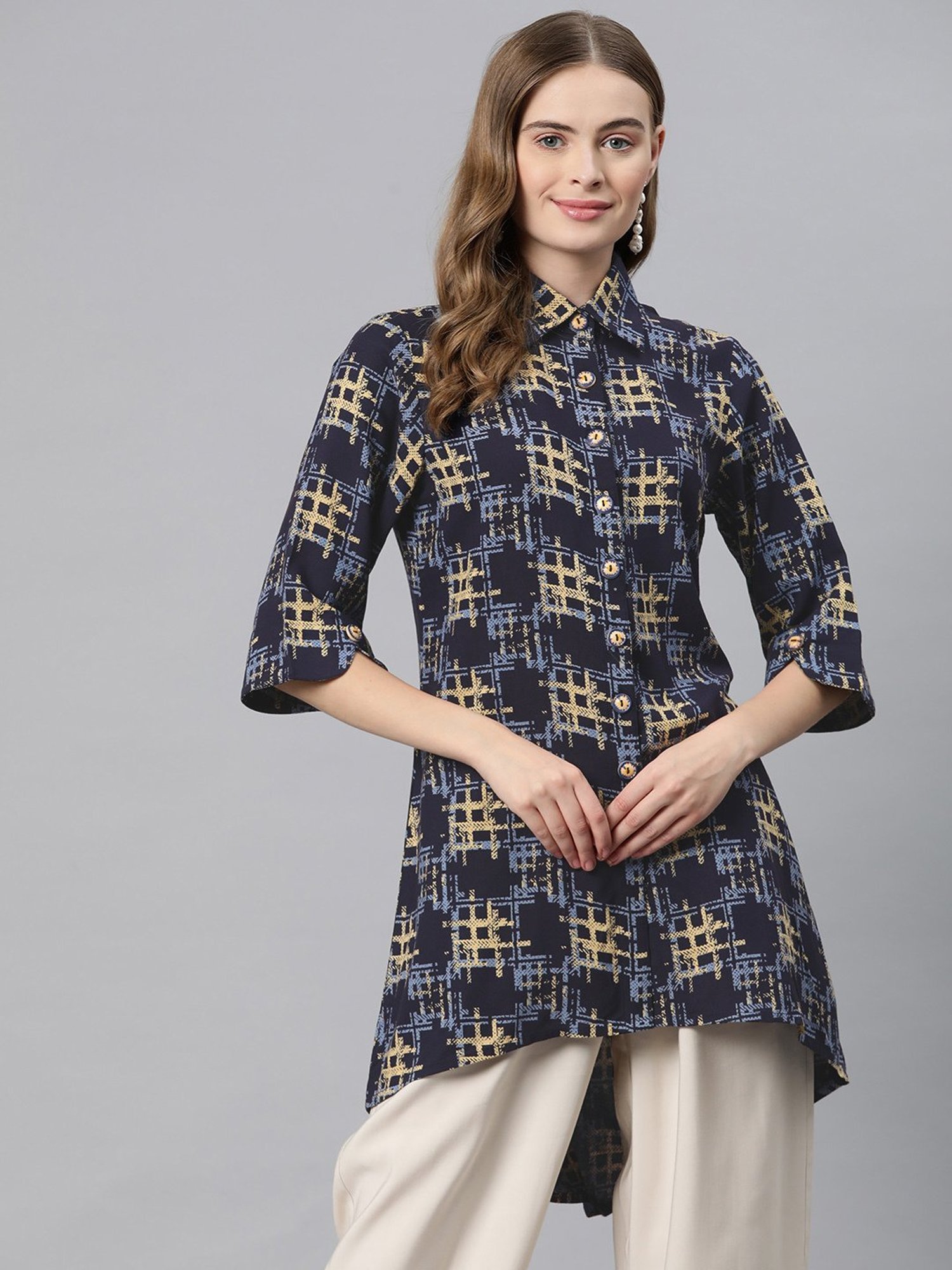 Cottinfab Navy Printed Top