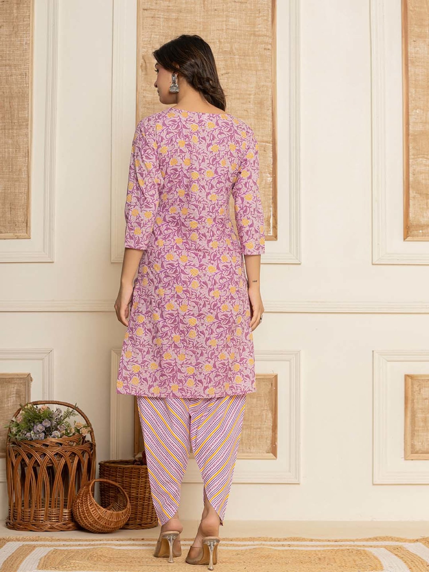 Yufta Purple Cotton Printed Kurta Dhoti Pant Set With Dupatta