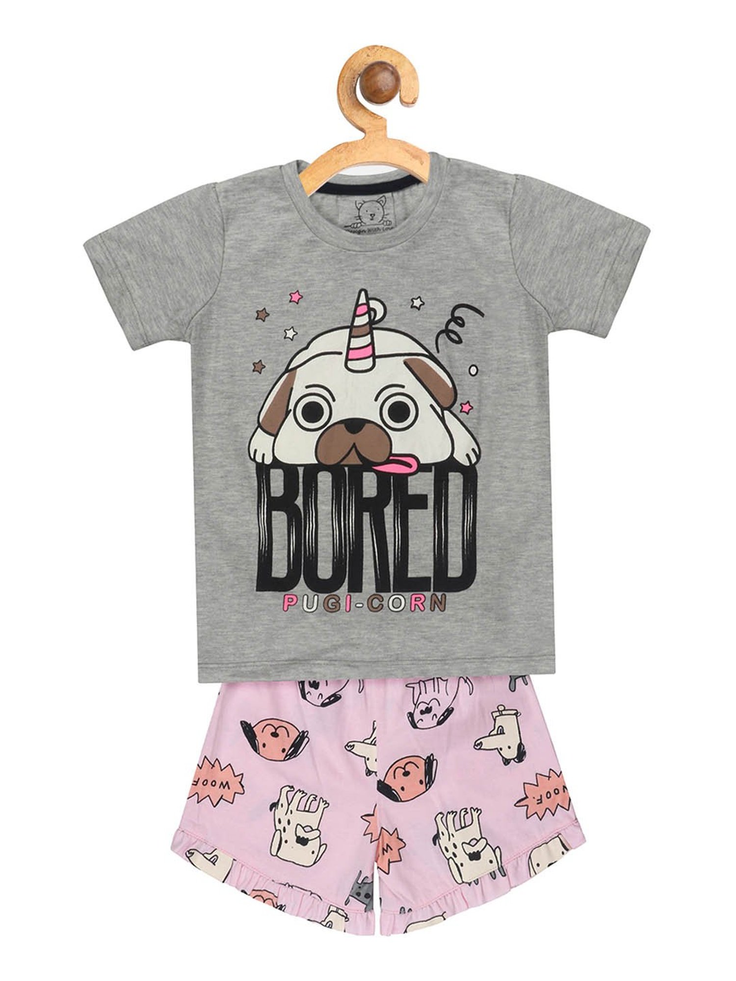 Lazy Shark Kids Grey & Pink Printed  Top with  Shorts
