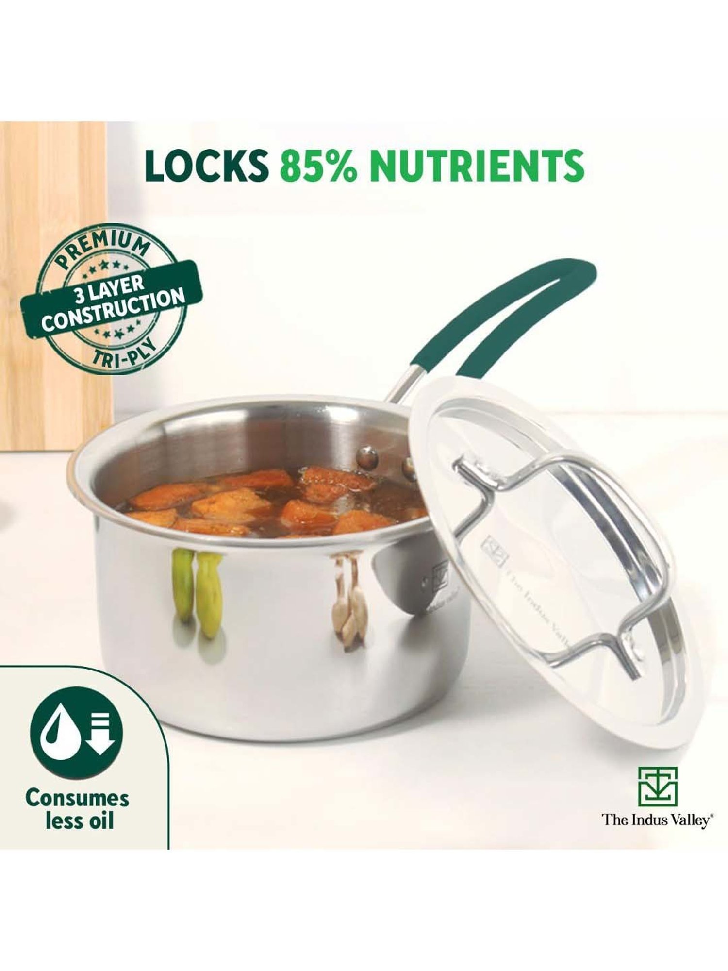 The Indus Valley Silver Stainless Steel 21.33 cm Saucepan With Steel Lid (3 L)