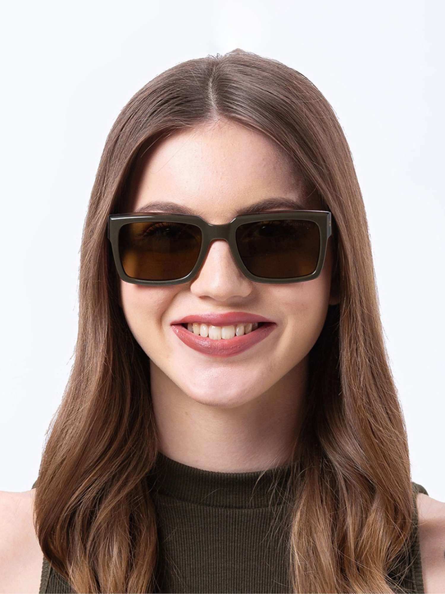 Shisen Fox Kokoro Olive Crystal Rectangular Unisex UV Protection Sunglasses -54 mm