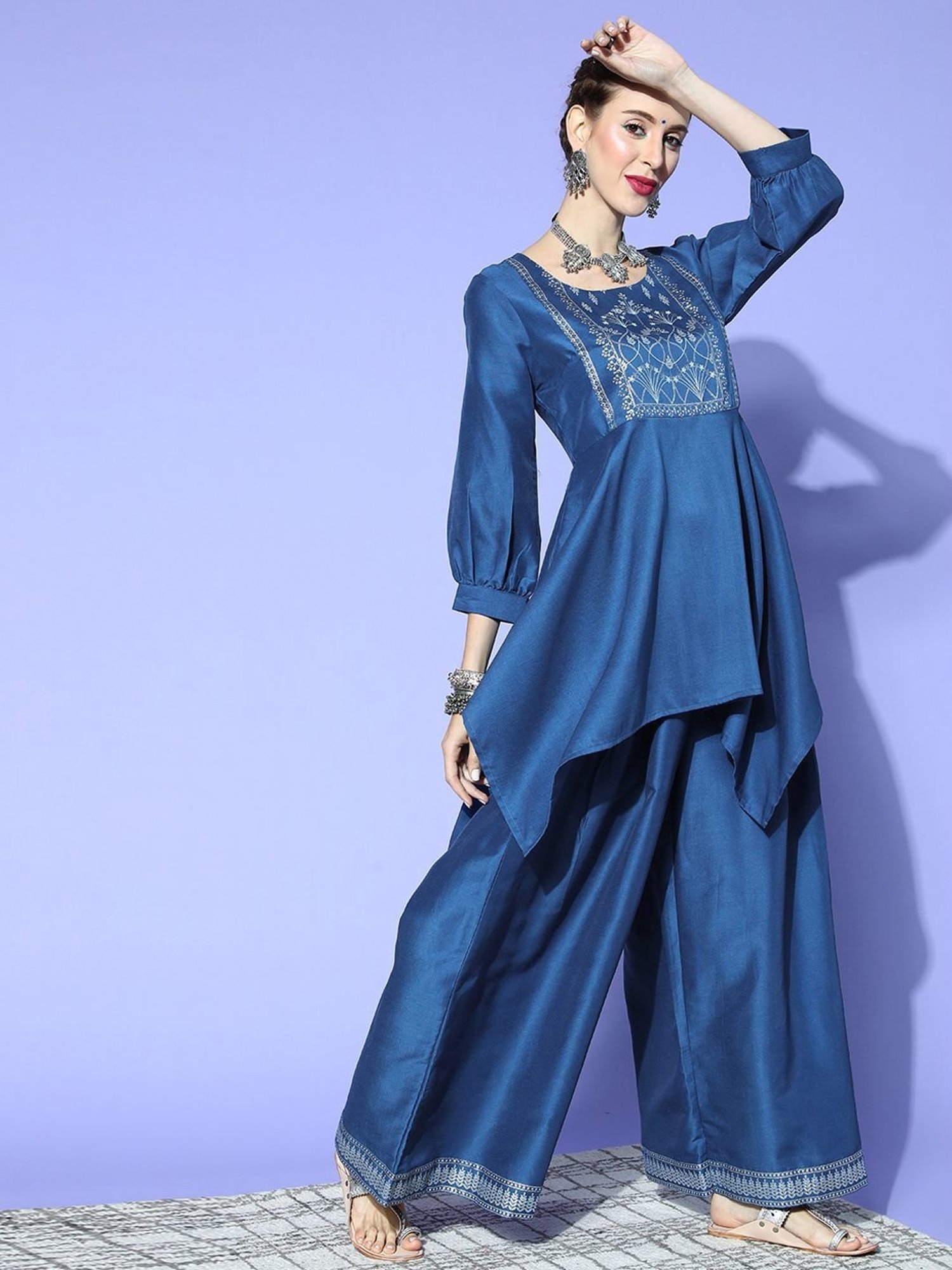Ziyaa Blue Floral Print Kurti Palazzo Set
