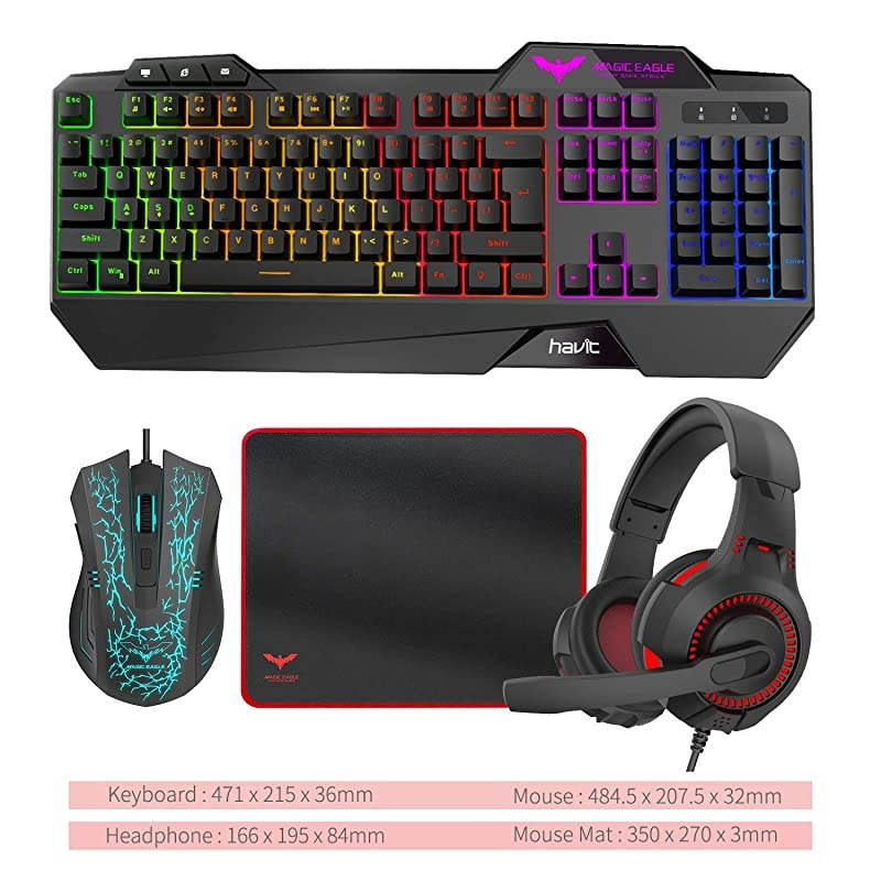 Gaming Keyboard Mouse Headset & Mouse Pad Kit, Rainbow LED Backlit Wired, Over Ear Headphone with Mic for PC, Computer, Xbox ONE & PS4, Tablet, Mobile Phones