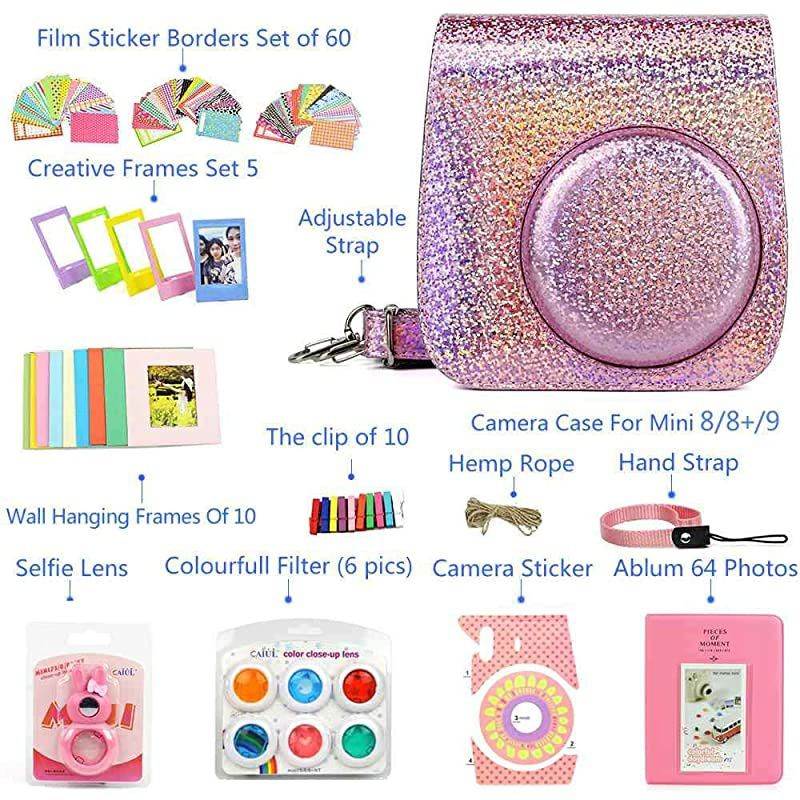 for Fujifilm Instax Mini 9 8 Instant Camera Accessories Kit Bundle + Custom Case with Strap + Assorted Frames + Photo Album + 60 Colorful Sticker Frames + More(Glitter Pink