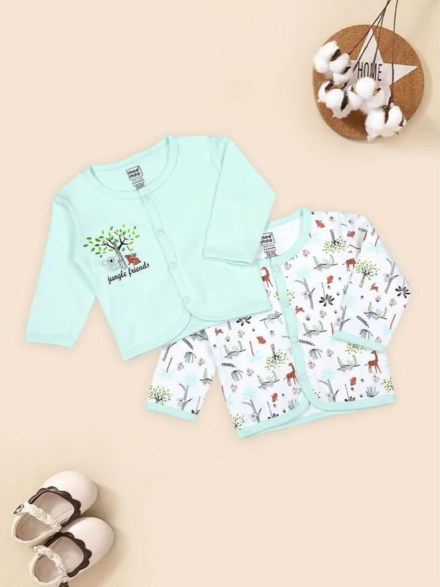Mee Mee Kids Green & White Printed Full Sleeves Jhablas (Pack Of 2)