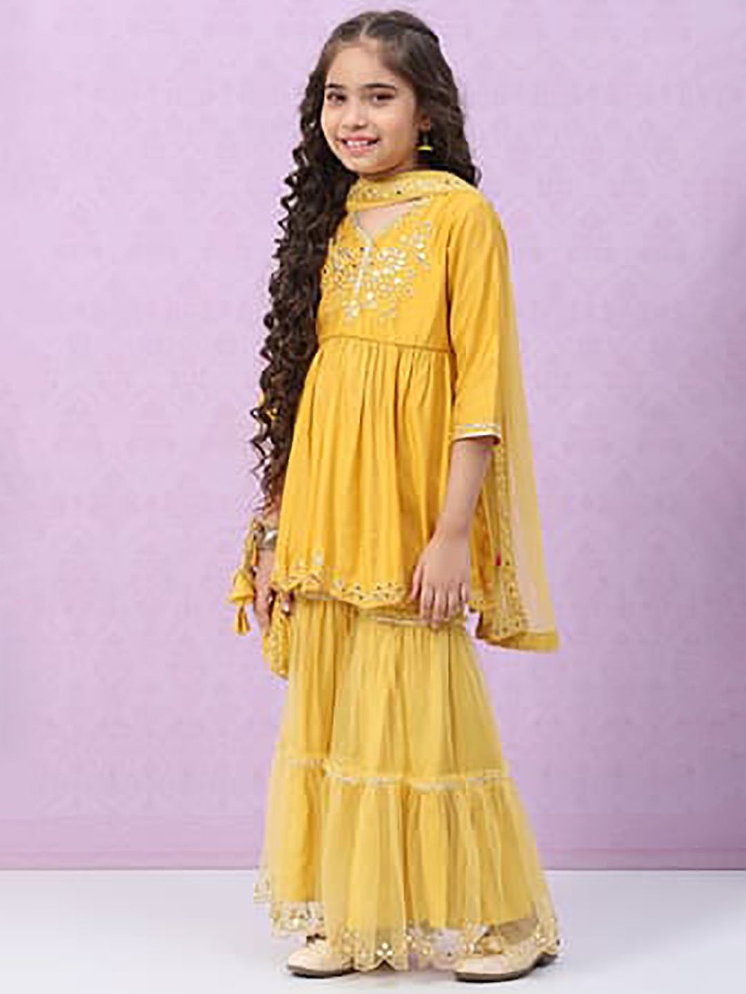 BIBA Girls Mustard Embroidered Kurta, Sharara with Dupatta
