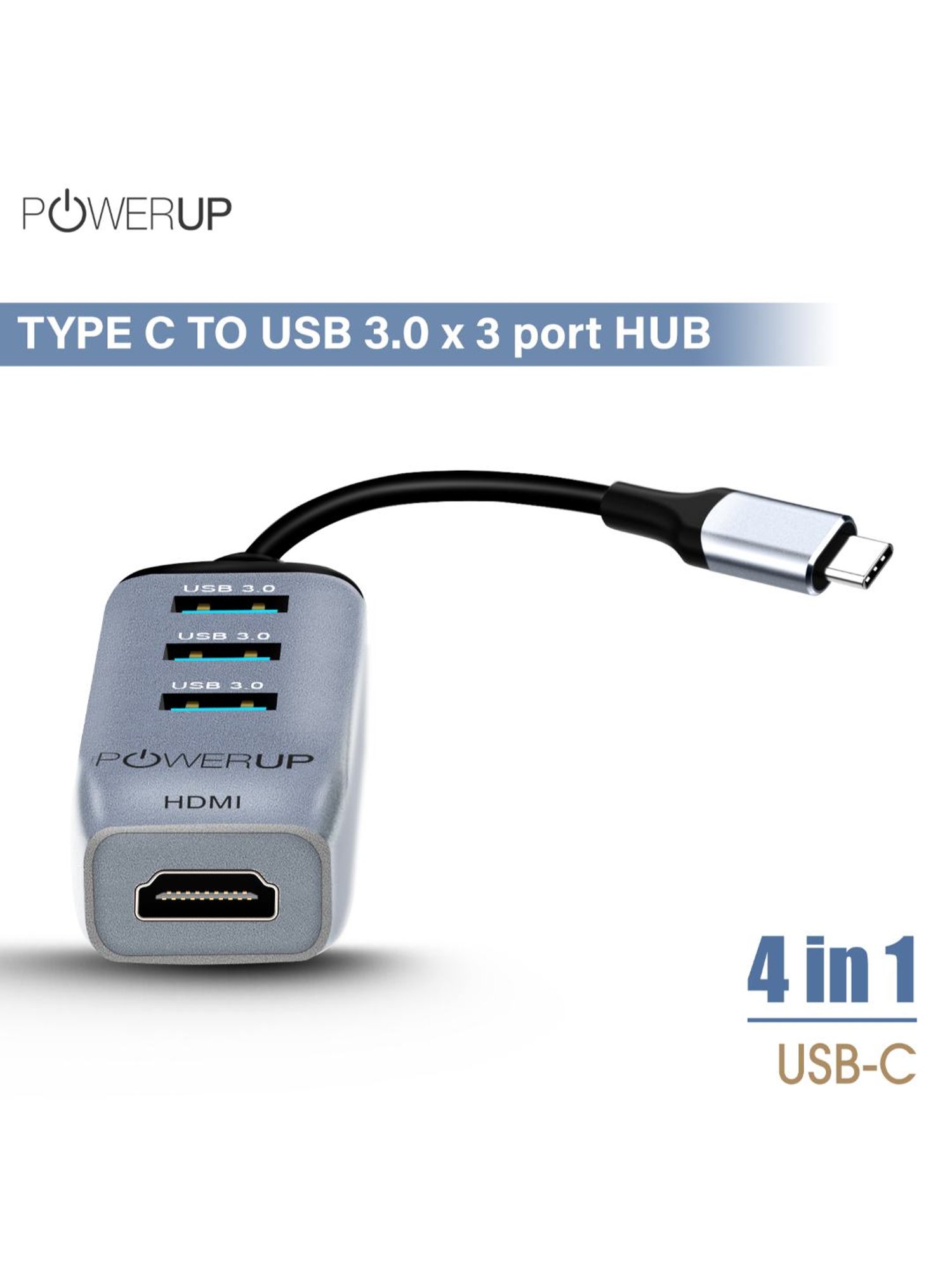 Powerup Mini Splitter USB C HUB 4 in 1 (3 USB C to HDMI Adapter) (Gunmetal)