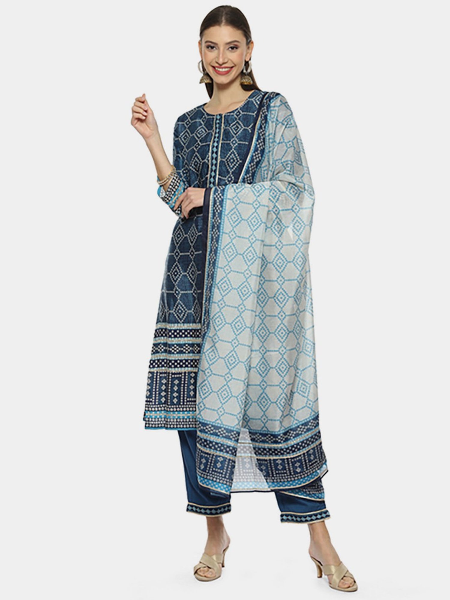 Biba Blue Printed Kurta Pant Set With Dupatta