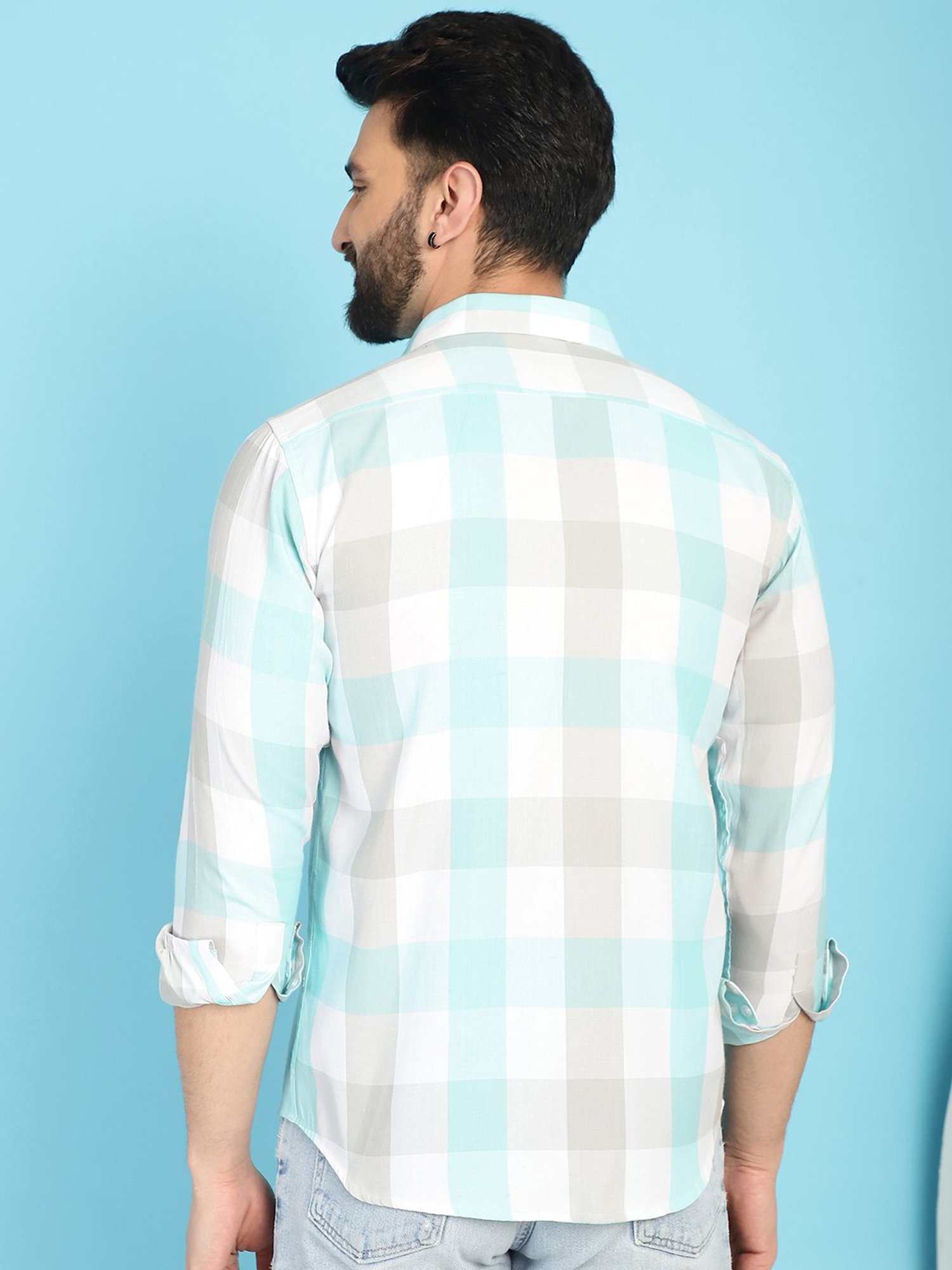 Indian Needle Sky Blue Regular Fit Check Cotton Shirt