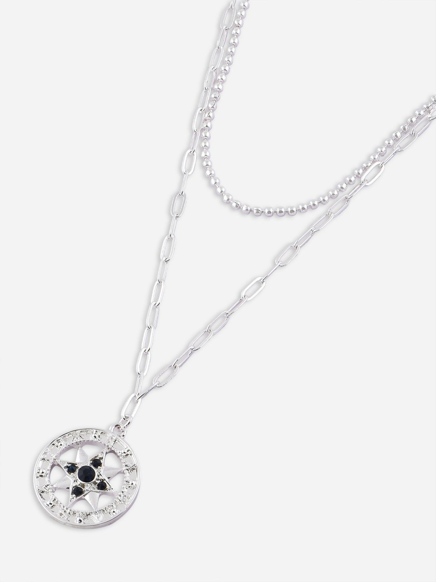 The Bro code Black Silver-Plated Round CZ Studded Charm Ball Chain Layered Necklace for Men