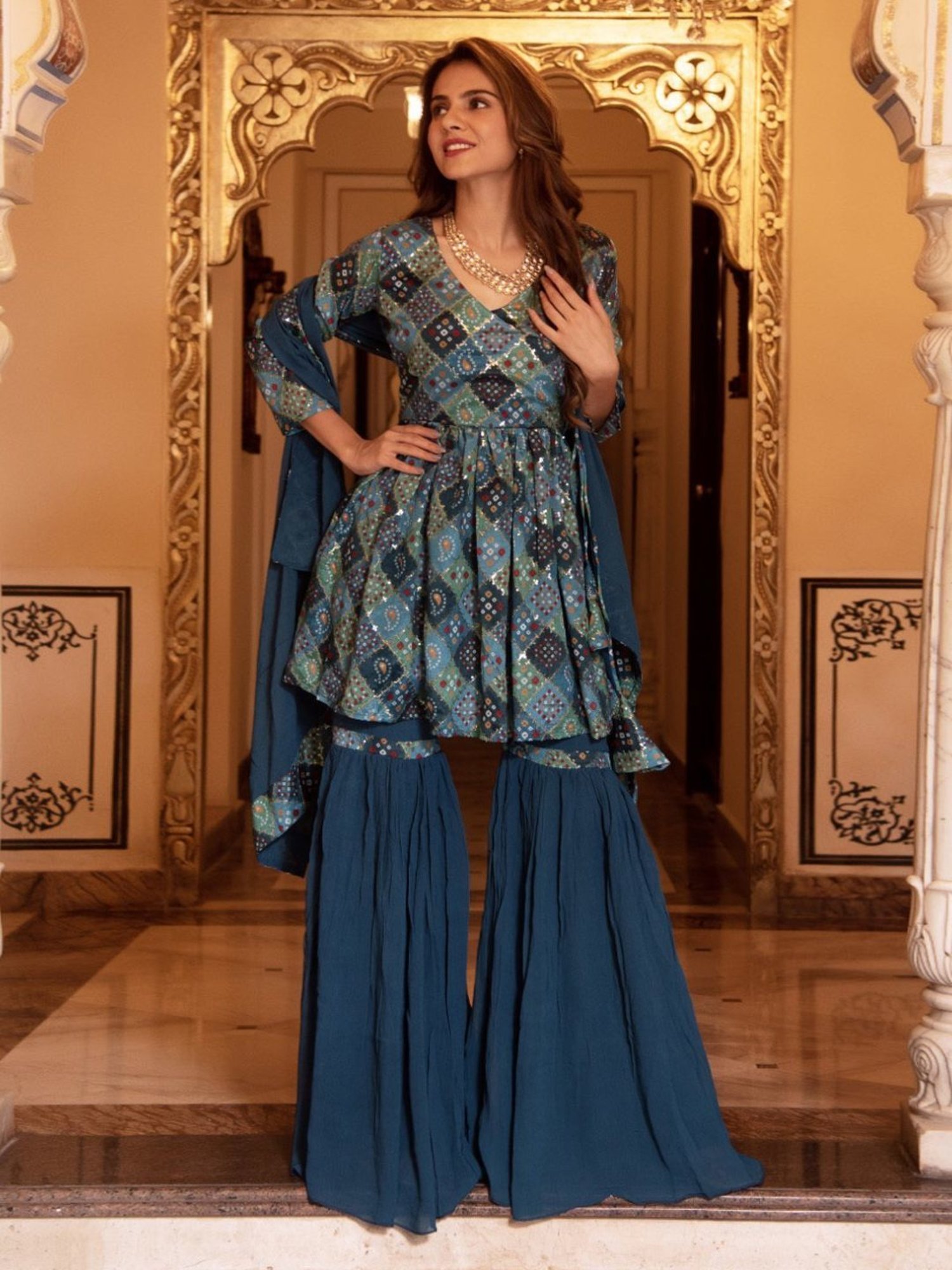 Calmna Naaz Sequin Blue Georgette Kurta Sharara Set
