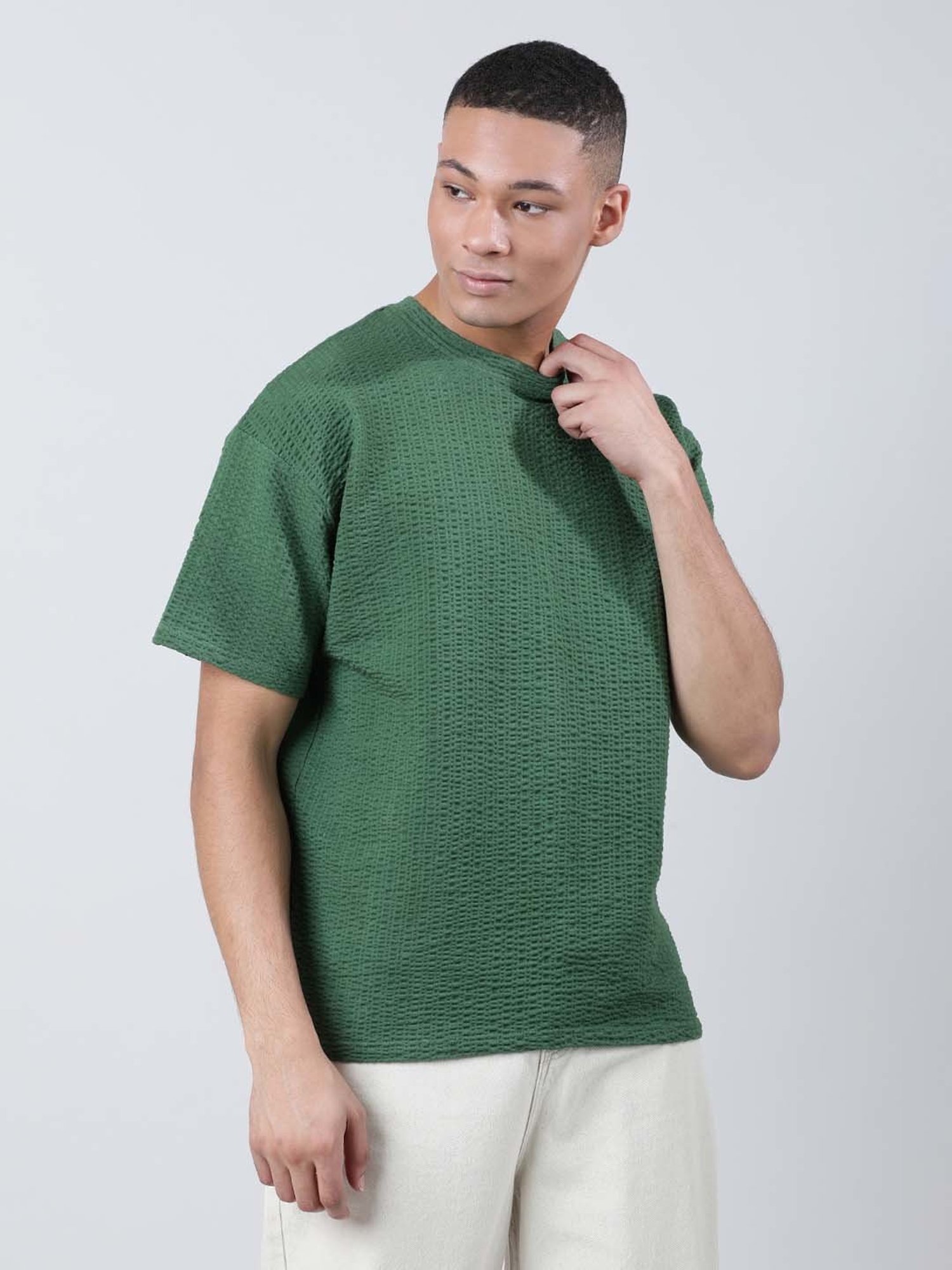 Bene Kleed Green Loose Fit Textured Crew T-Shirt