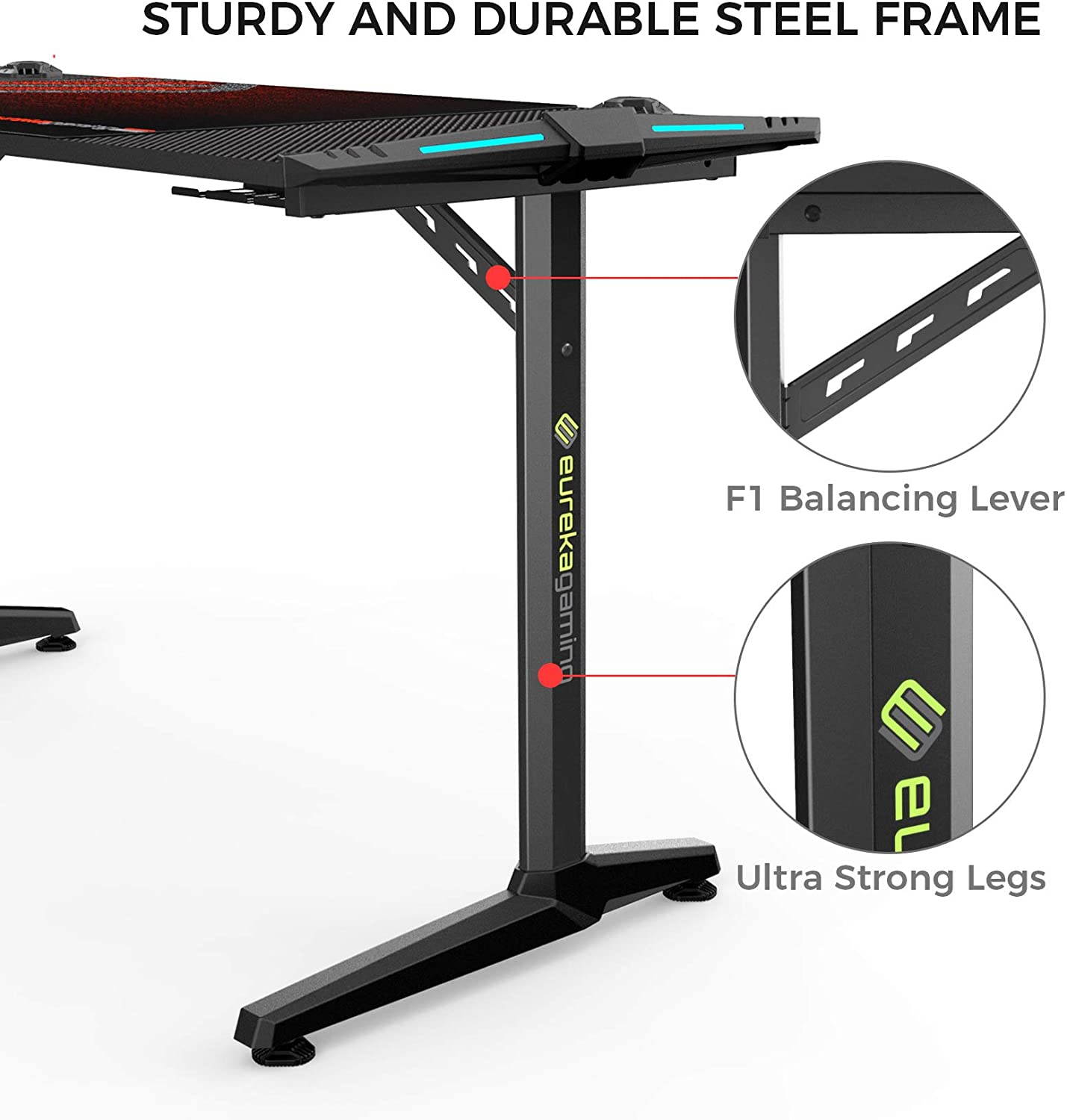 Gaming Computer Desk 55" Home Office Gaming PC Tables New Polygon Legs Design with RGB LED Lights, Colonel Series GIP-55B, Black