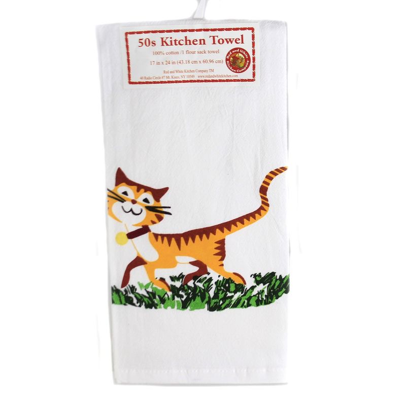 Tabletop 24.0" Happy Cat Flour Sack Towel 100% Cotton Retro Design 1950 Red And White Kitchen Company  -  Kitchen Towel