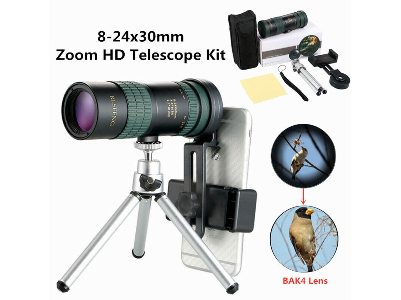 8-24X30mm HD Zoom Super Telephoto Monocular Telescope W/ Tripod & Clip Kit