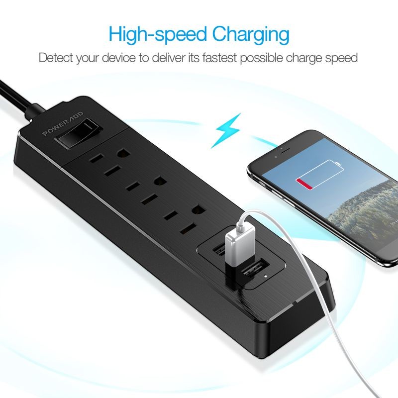Poweradd 300J 3 Outlet Power Strip Surge Protector 3 USB Charging Ports with 5ft Heavy Duty Power Extension Cord 1250W/10A, Black