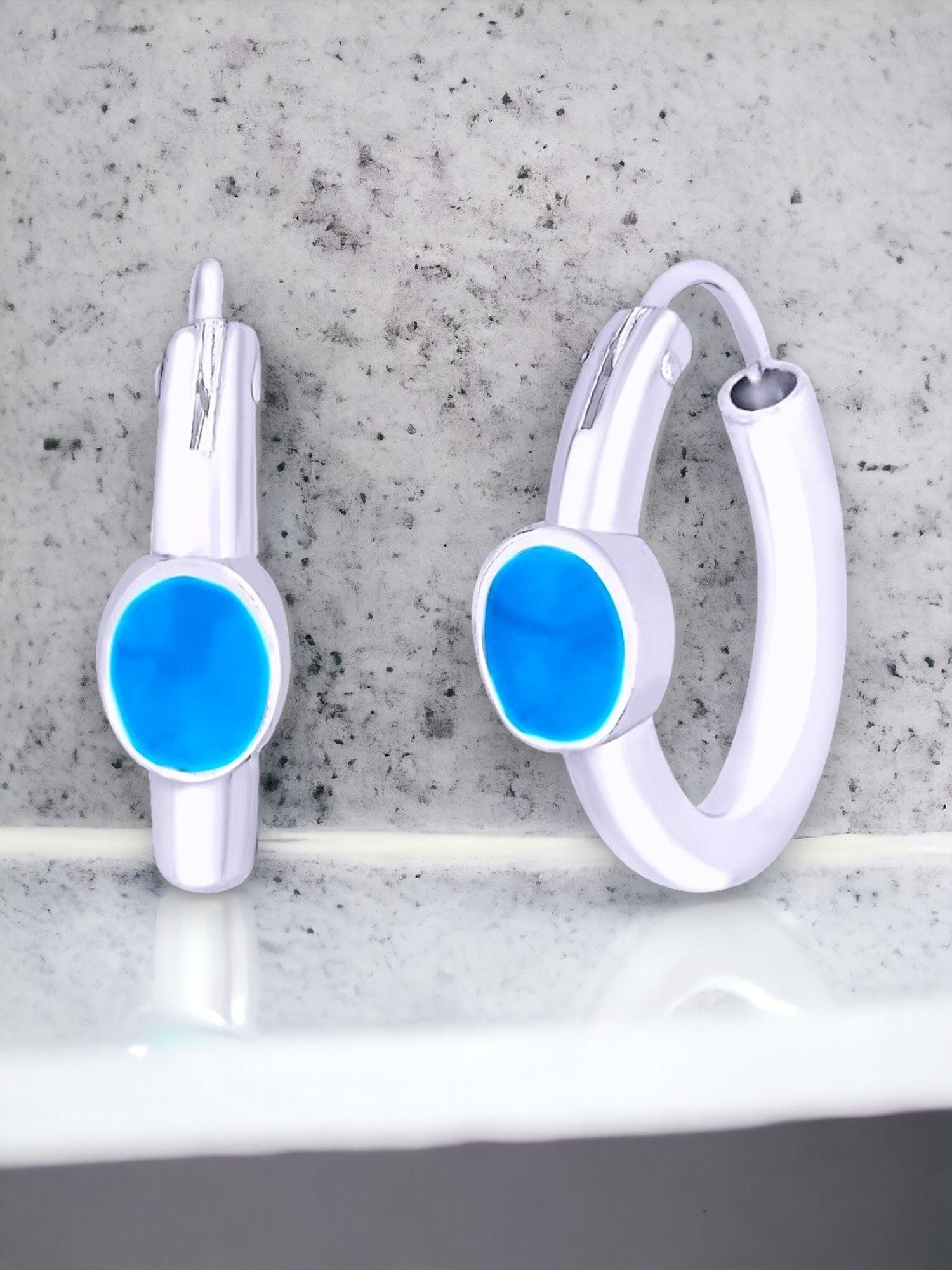 Taraash 92.5 Sterling Silver Drop Shape Turquoise Blue Enamel Hoop Earring