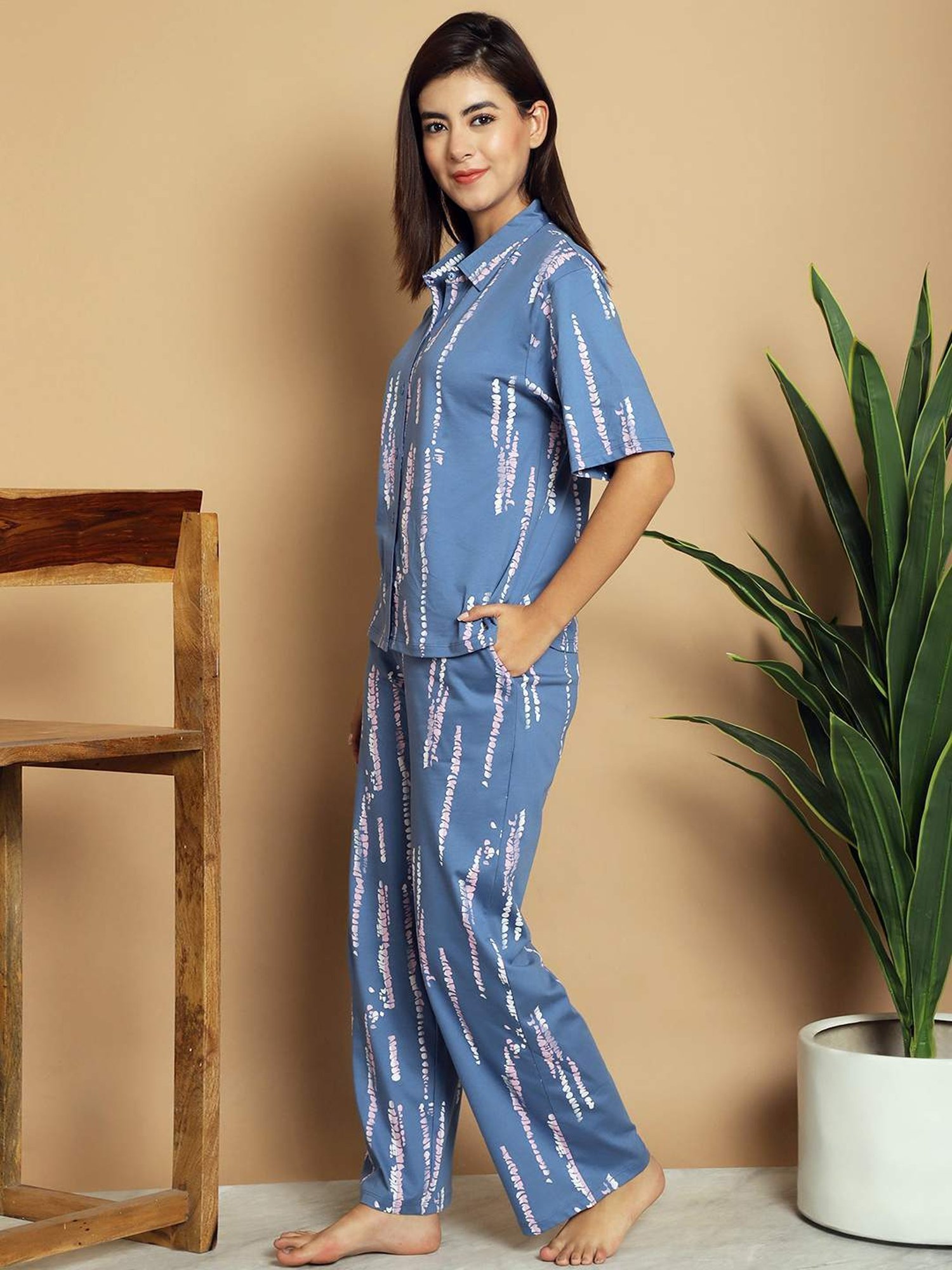 Kanvin Blue Cotton Printed Shirt Pyjamas Set