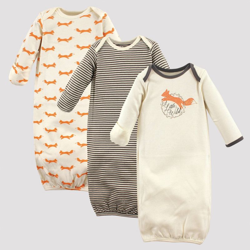 Touched by Nature Baby Girls' 3pk Fox Organic Cotton Gowns - Off White/Orange 0-6M