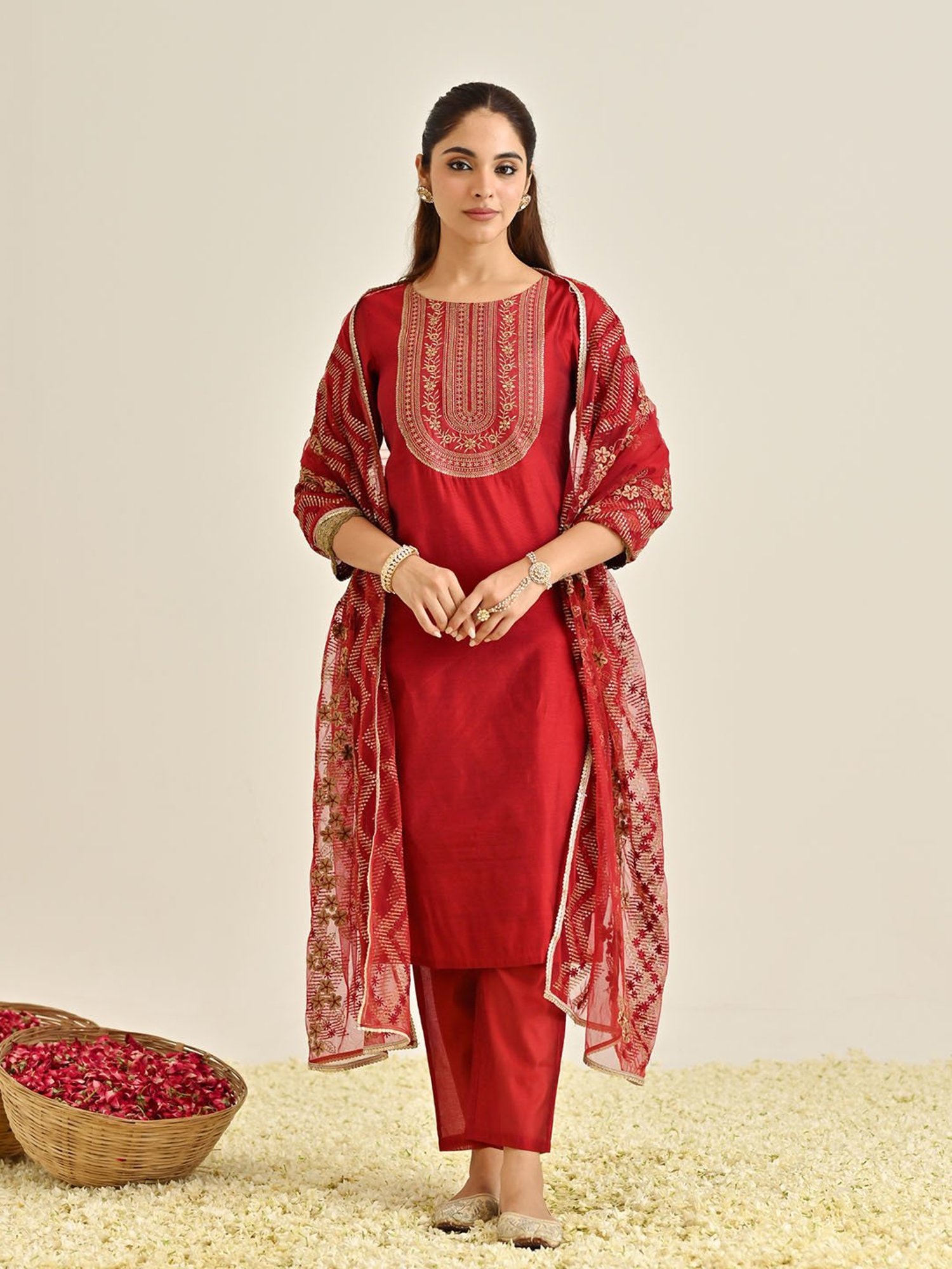 Rustorange Red Embroidered Kurta With Pant & Dupatta