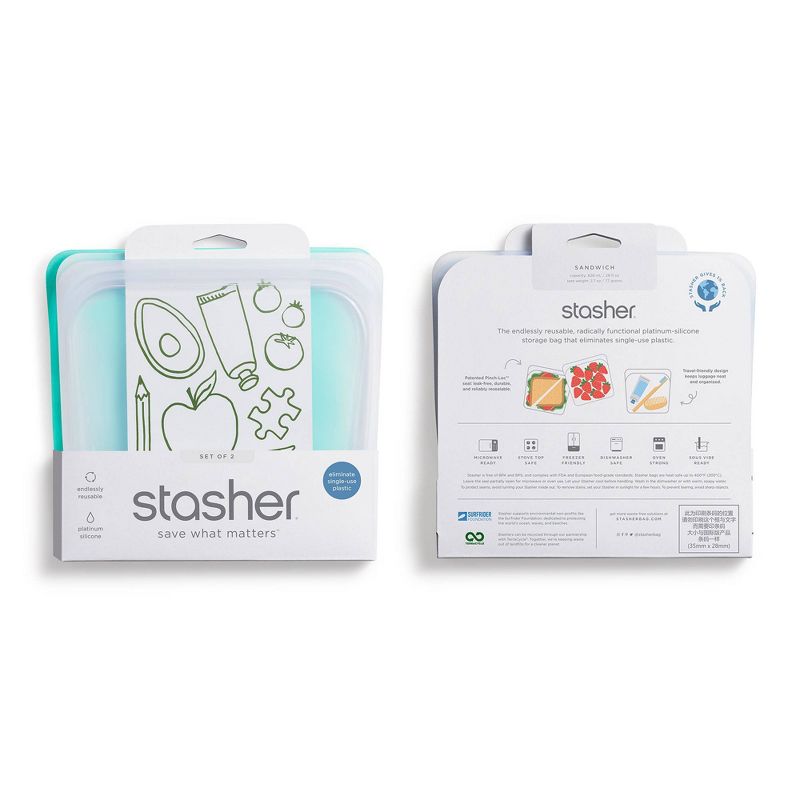 stasher Food Storage Container - Sandwich Aqua - 2pk/30oz