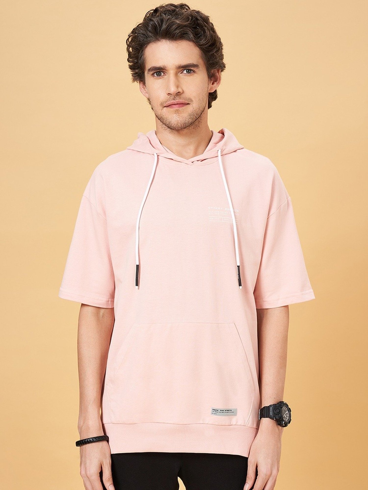 Street 808 by Pantaloons Pastel Pink Cotton Regular Fit Hooded T-Shirt