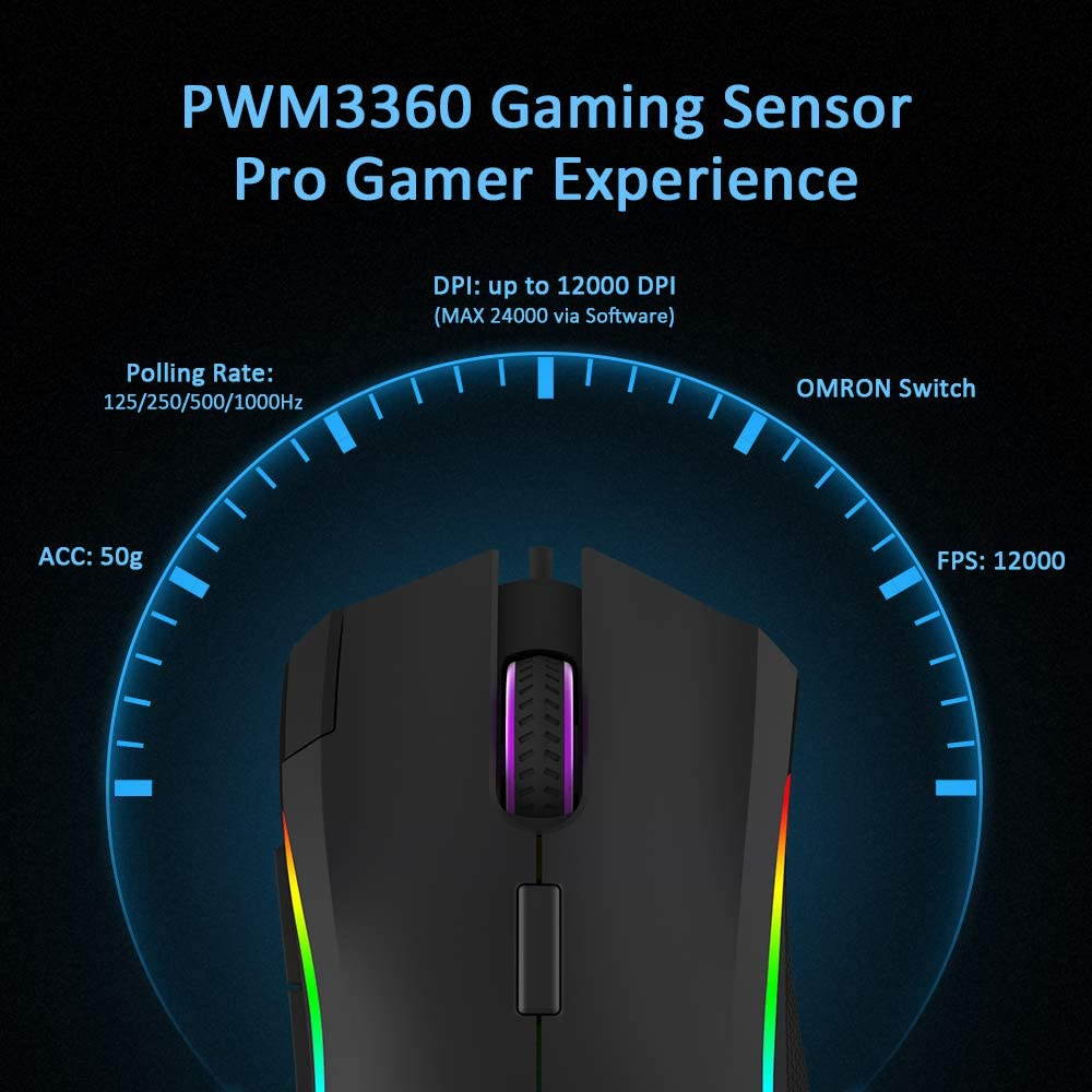 Yijianxi RGB game mouse,4000 DPI,7 programmable buttons and professional game software, ergonomic optical game mouse for Windows PC game player notebook (M625BU(3050)- black)