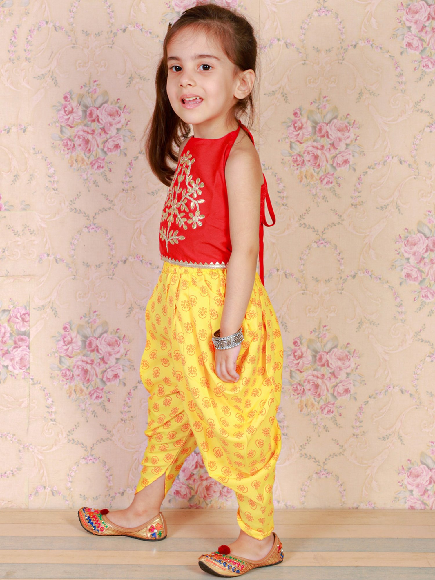 TWISHA Kids Red & Yellow Embellished Top with Dhoti