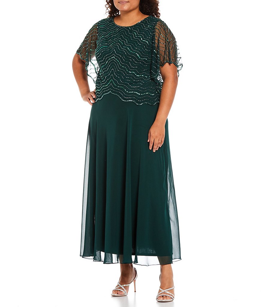 Jkara Plus Size Short Cape Sleeve Lined Round Neck Beaded Gown
