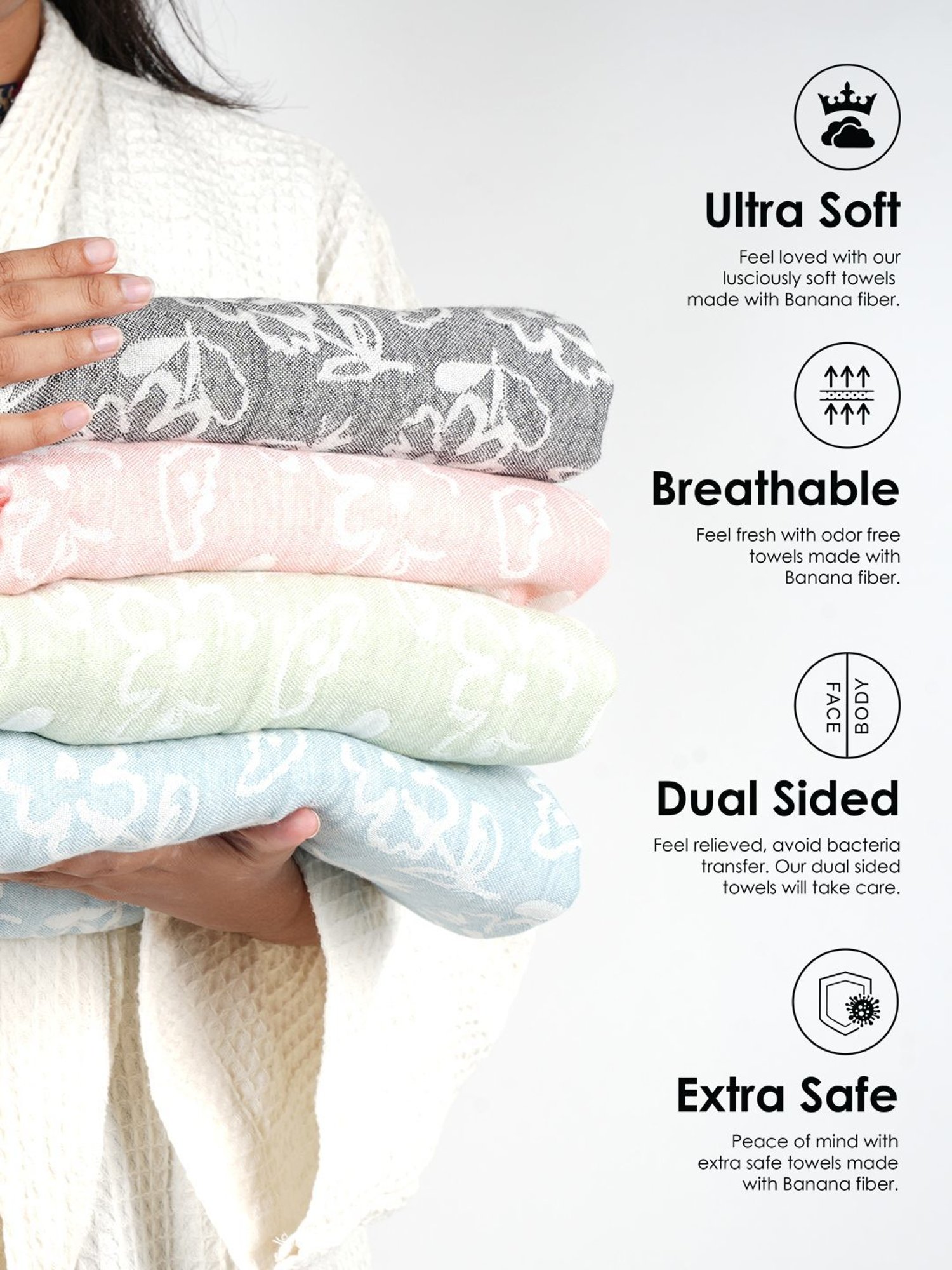 Doctor Towels Banana Jacquard Floral Grey 300 GSM Viscose Bath Towel