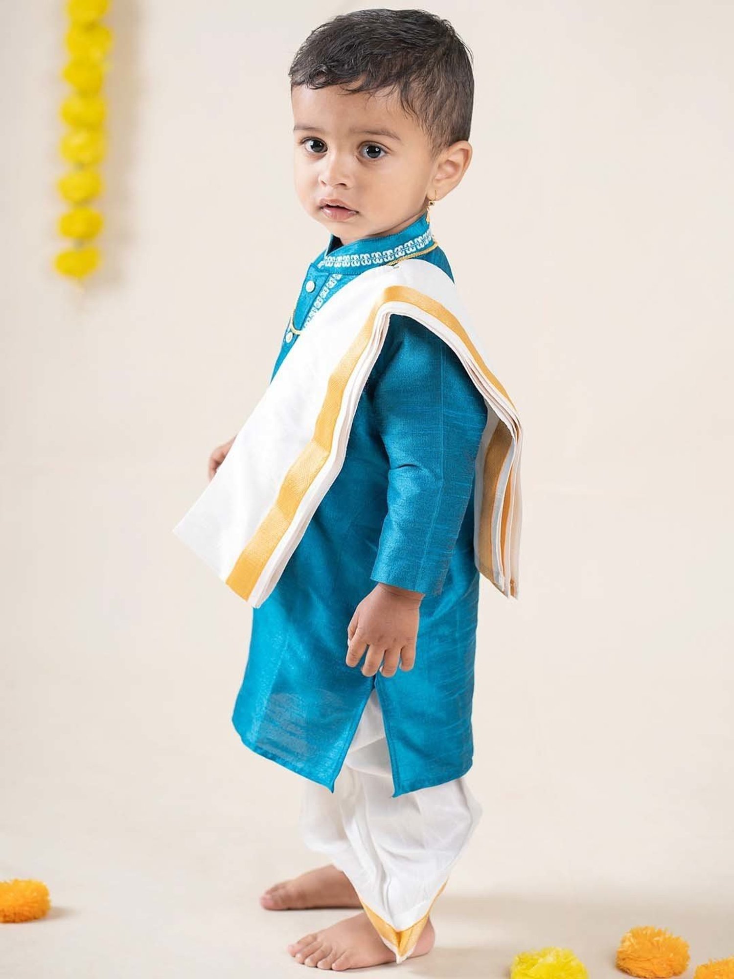 Baby Moo Kids Turquoise Blue & White Regular Fit Full Sleeves Kurta Set