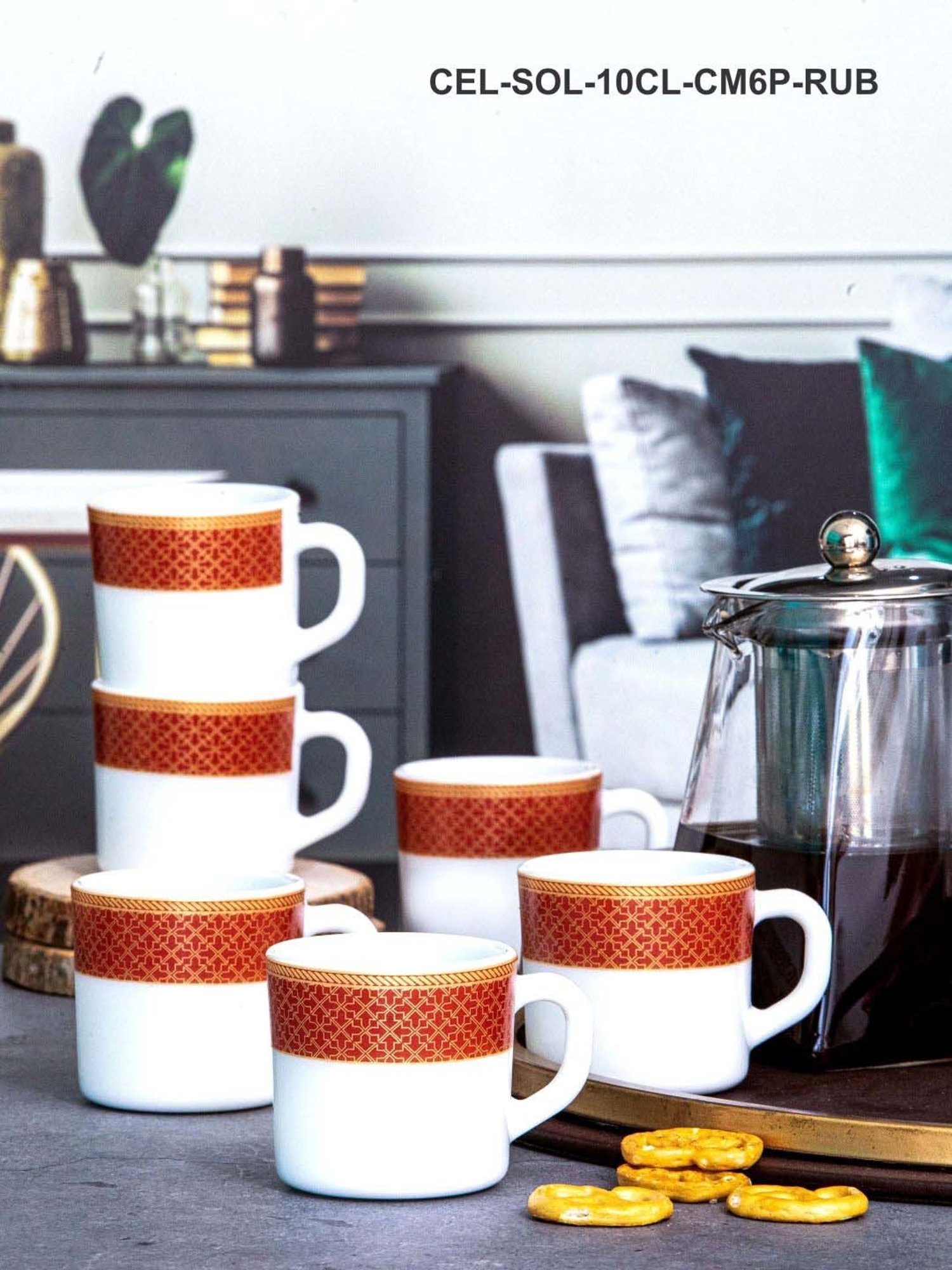 Cello White & Red Opalware Solitaire Tea Mug (0.1 L) - Set of 6