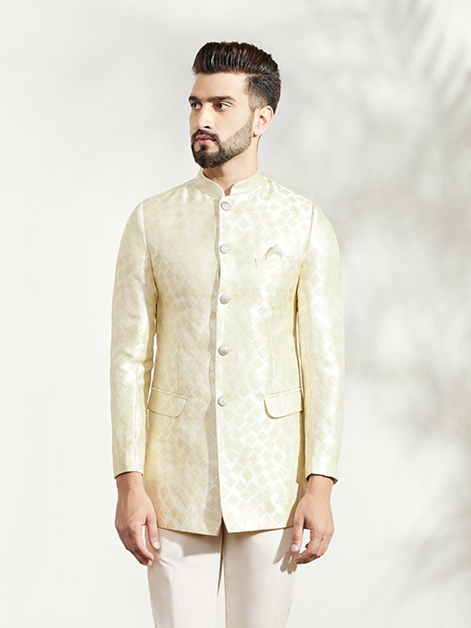 KISAH Off White Regular Fit Self Design Ethnic Blazer