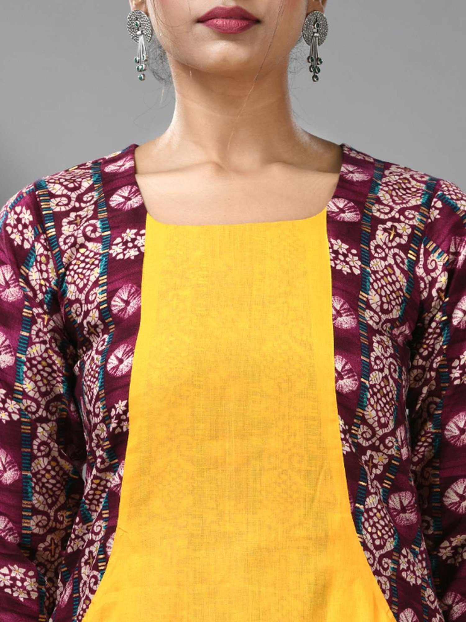 CHARUKRITI Yellow Cotton Printed A-Line Dress With Jacket