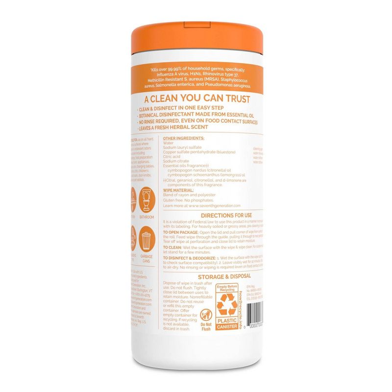 Seventh Generation Lemongrass Citrus Disinfecting Wipes - 35ct