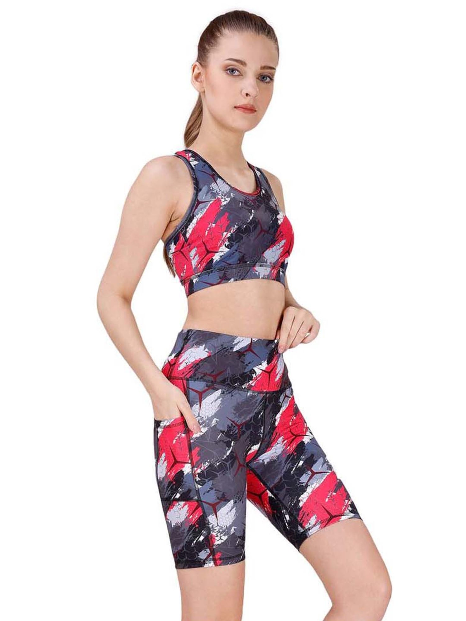 Soie Grey & Red Printed Sports Bra Shorts Set