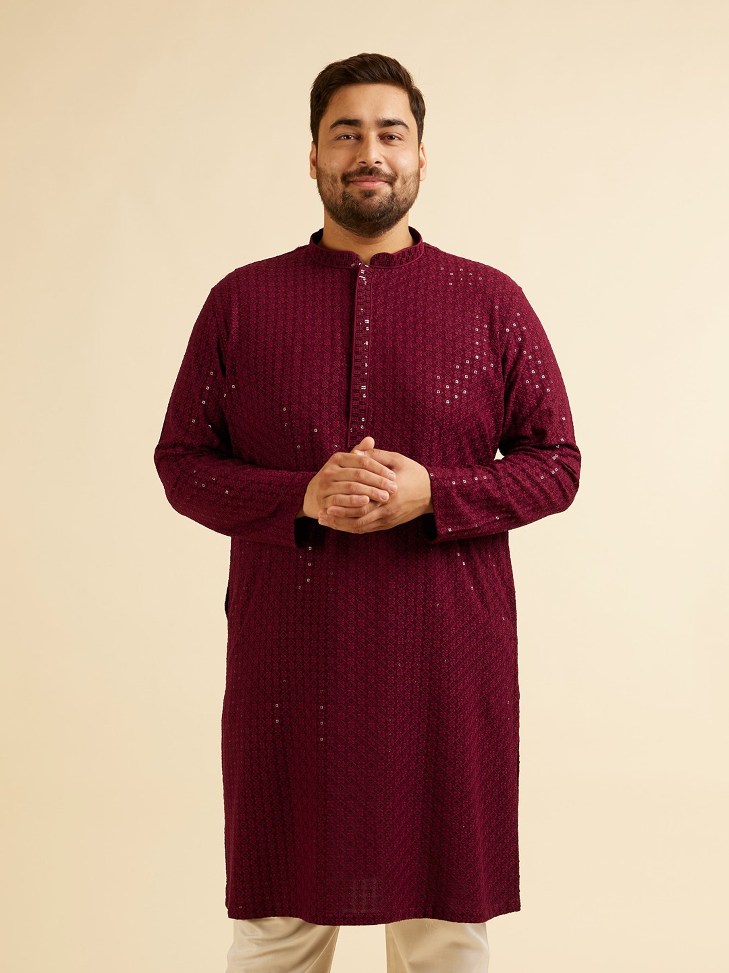 Manyavar Maroon Regular Fit Embroidered Plus Size Kurta and Pyjama Set