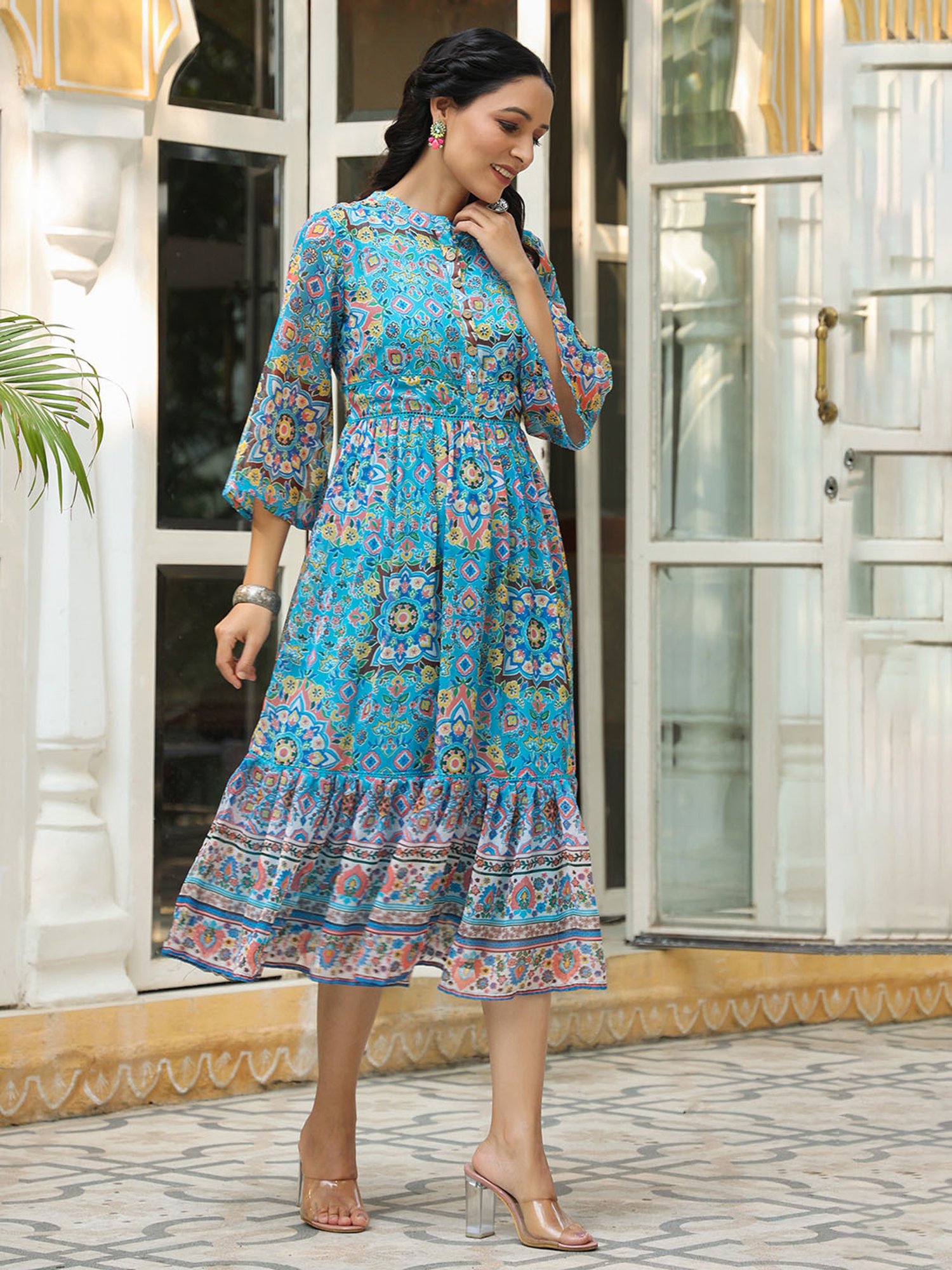 Juniper Aqua Blue Geometric Printed Chiffon Tiered Maxi Dress With Buttons