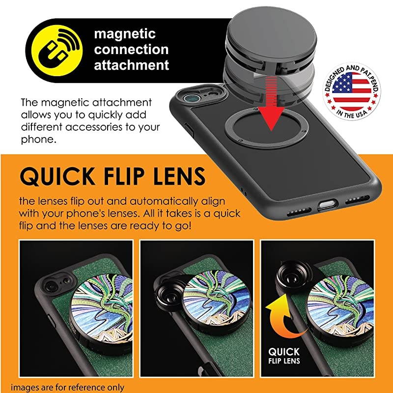 Designer Revolver M Series Camera Kit: 4 in 1 Lens with Case for iPhone 7/8 / SE 2020 &ndash; Fisheye Lens, Wide Angle Lens, Macro Lens, CPL (Aurora Borealis)