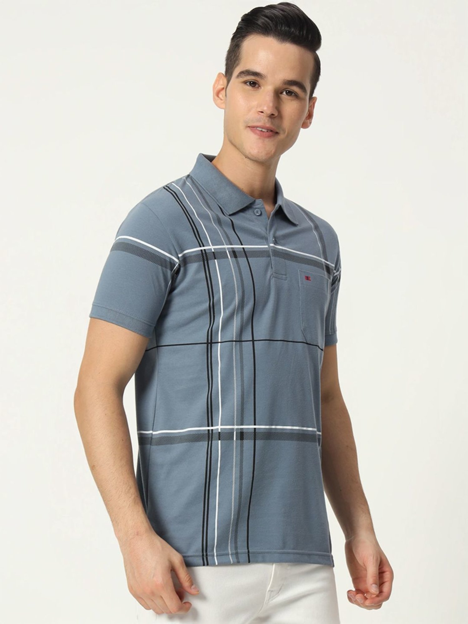 Tab91 Grey Regular Fit Checks Polo T-Shirts