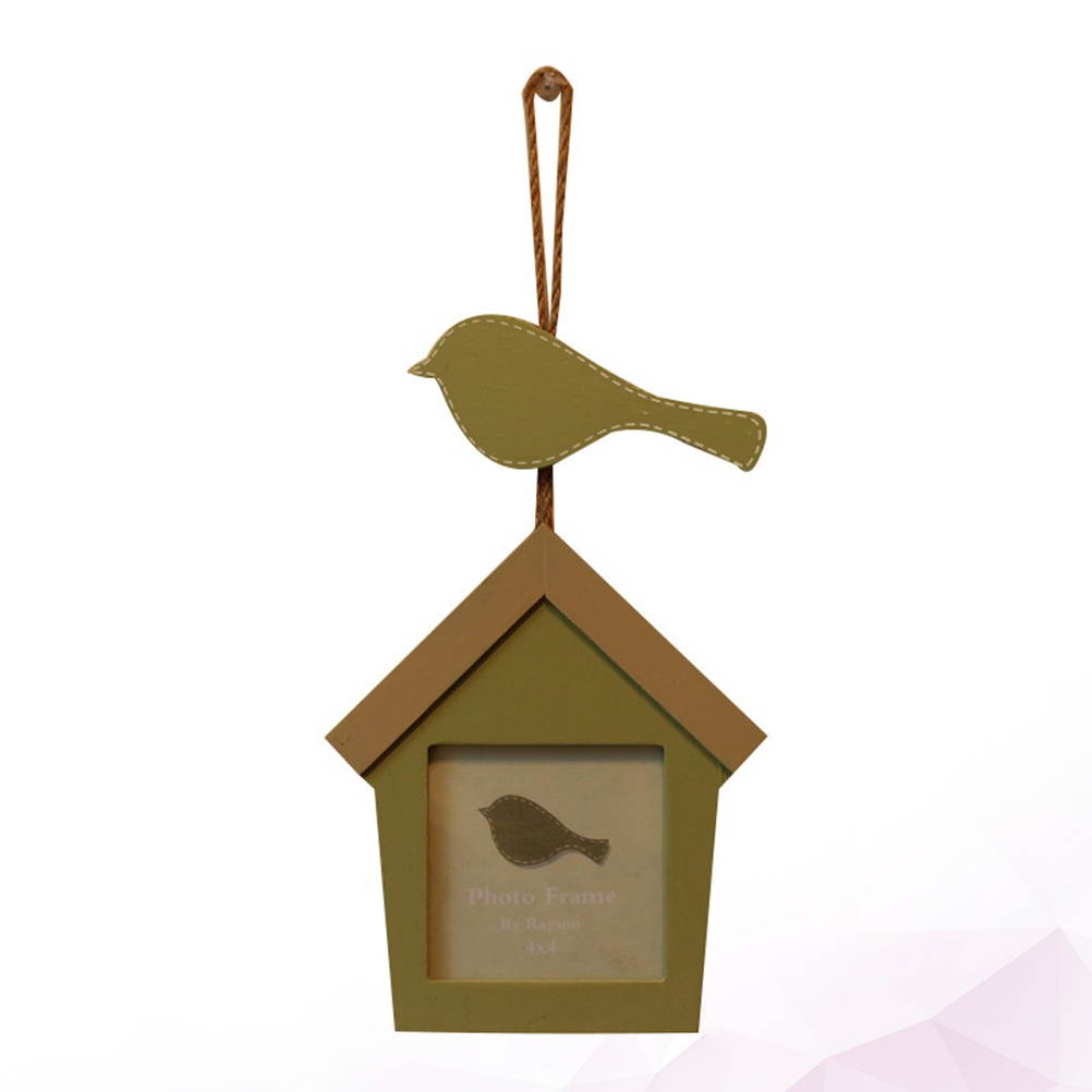 Sing Bird House Combination Photo Frame Hangable Wooden Photo Wall with String Decorative Green Picture Frame Gift Home Decor