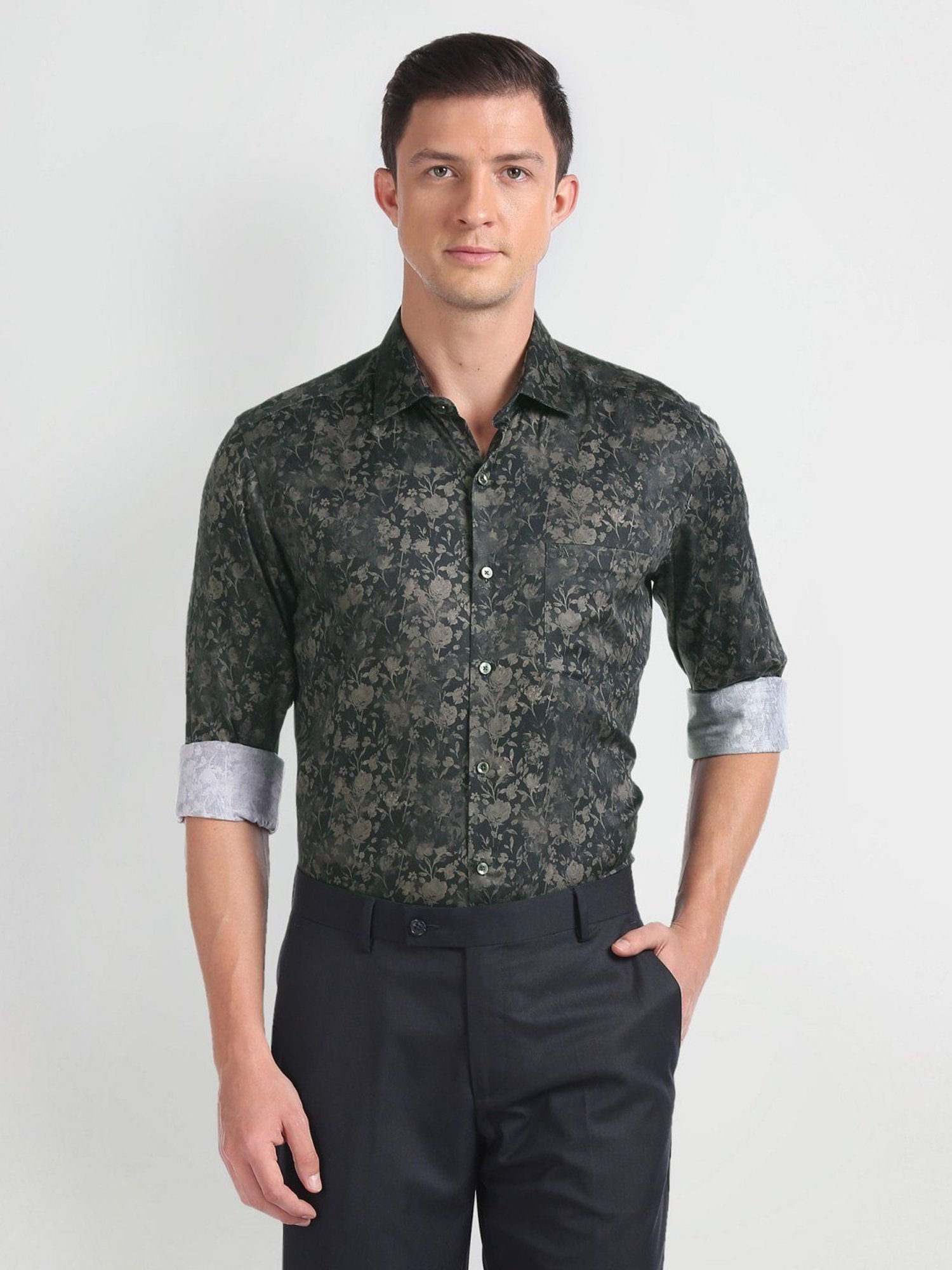Arrow Navy Blue Cotton Slim Fit Printed Shirt