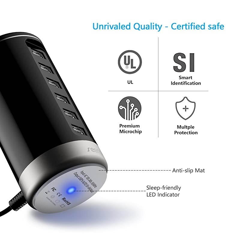 USB Charger Multi Wall Charger Port 6Port USB Charging Station with Smart Identification White Gold