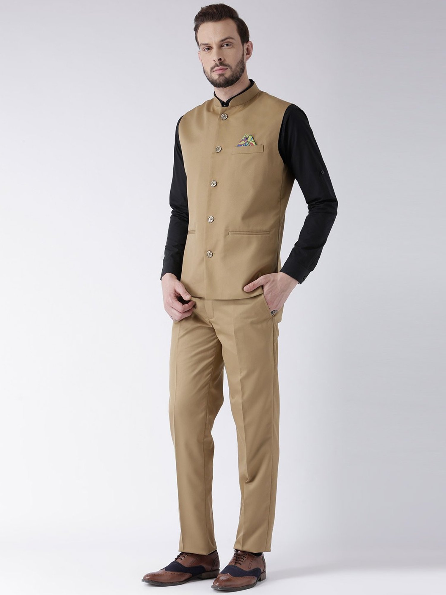 Hangup Plus Khaki Regular Fit Mandarin Collar Two Piece Suit