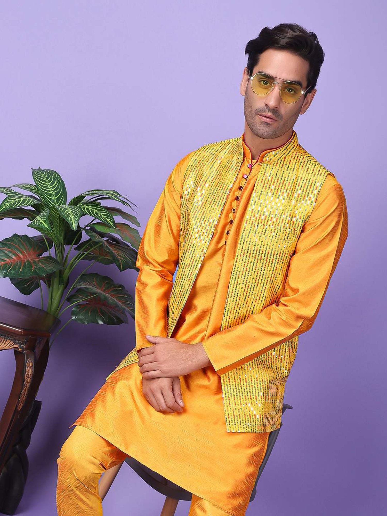 Hangup Yellow Regular Fit Embroidered Nehru Jacket
