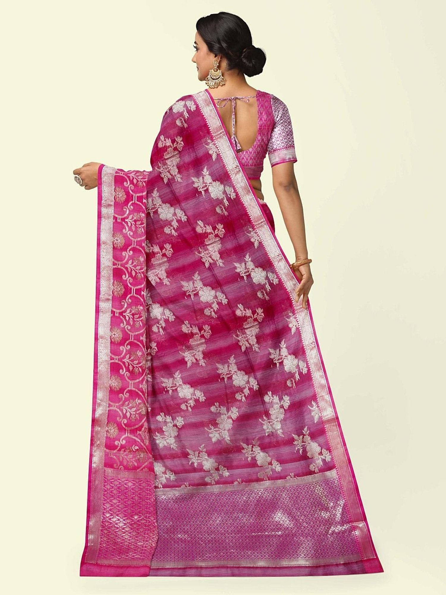 Banarasi Silk Works Pink Woven Saree With Unstitched Blouse