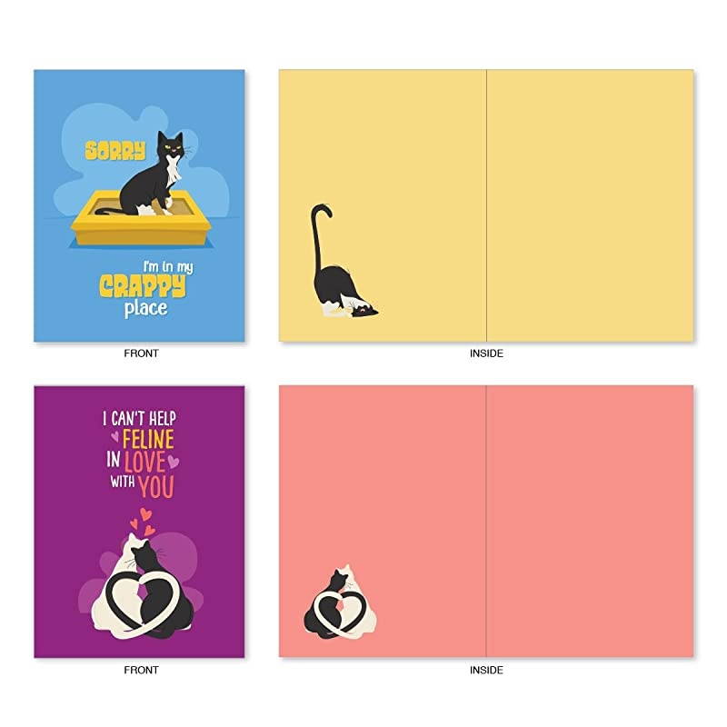 10 All Occasion Blank Cat Cards (4 x 5.12 Inch) - Cute Assorted Bulk Card Set - Catty Cards M6558OCB
