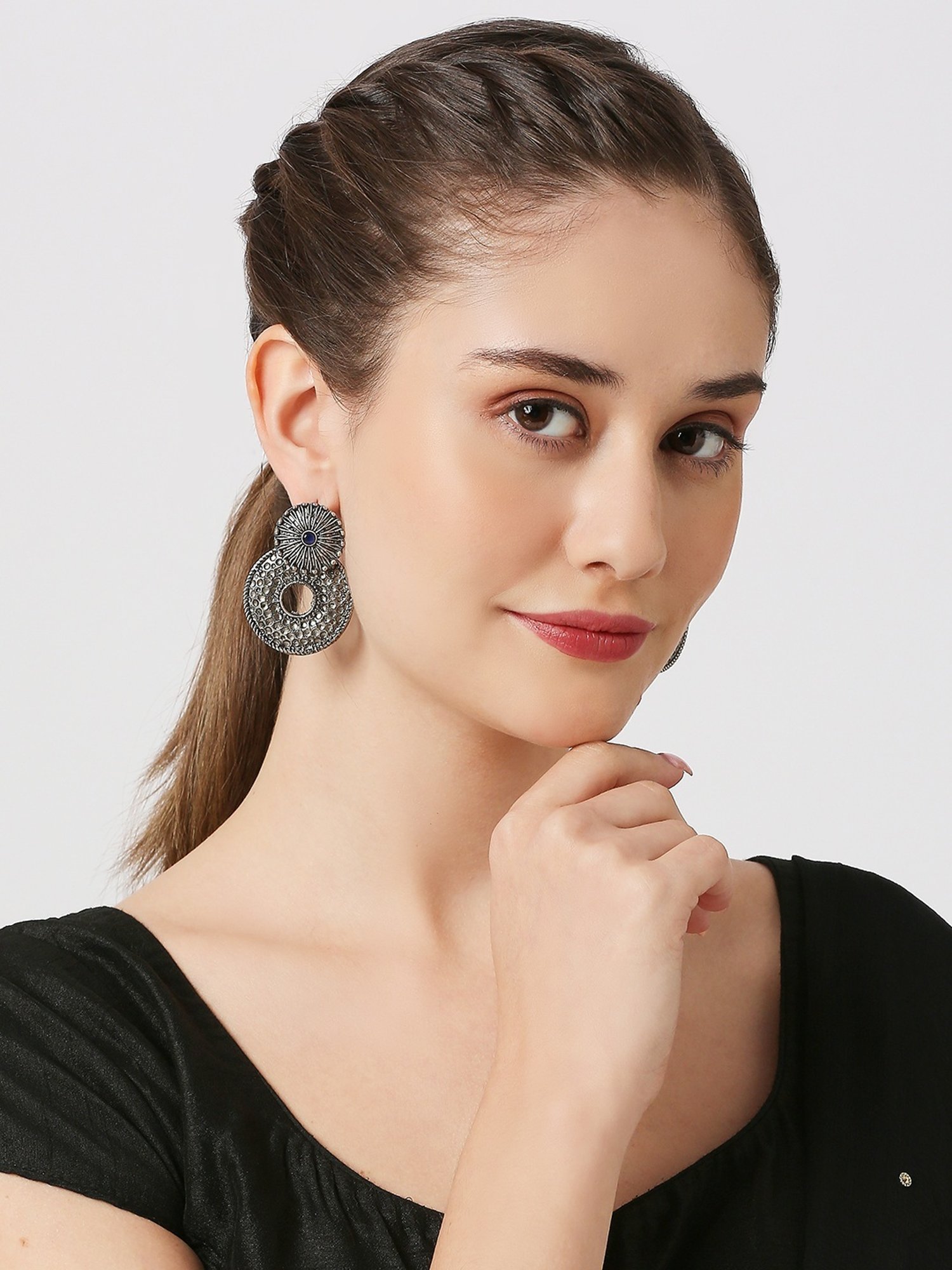 Oomph Jewellery Oxidized Silver Ethnic Hand Made Hammered Look Silver Look Alike Stud Earrings